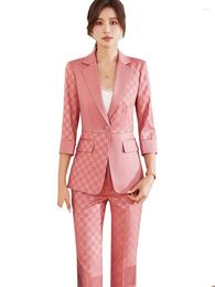 Women's Two Piece Pants Fashion Ladies Blazer And Pant Suit Black Pink Plaid Women Female Jacket With Trouser Business Work Wear Formal 2