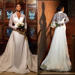 Wedding Graceful Mermaid Dresses V Neck Long Sleeves Bridal Gowns Detachable Train Satin Sweep Floor Length Bride Dress
