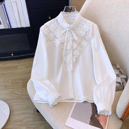 Women's Blouses 2024 Spring Sexy White Lace Blouse For Women Sweet Hollow Out Patchwork Button Up Tops Flower Stand Collar Bow Tie Shirt