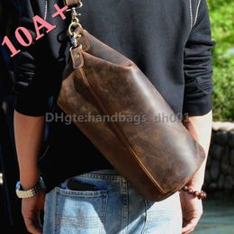 High quality Vintage Original and Minimalist bags Leather Chest Men's for Men with Crazy Horseskin Retro Capacity Mountaineering Cowhide Diagonal Cross Trendy 10A+