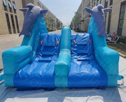 3.5x3x3m PVC made Blue dolphin inflatable slide bouncing castle slider for swimming pool/slide water park center