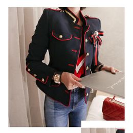 Women'S Jackets New Spring Womens Fashion Long Sleeve Stand Collar Single Breasted Colour Block Navy Style Slim Waist Jacket Coat Drop Dhwcv