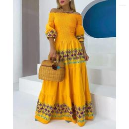 Casual Dresses Design Spring Summer Arrivals Women's Clothing Solid Colour Printing High Waist Temperament Off-Neck Ethnic Print Long Dress