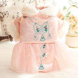 Dog Apparel Candy Colour Han Fu Dress Clothes Chinoiserie Embroidery Hanbiuk Small Dogs Clothing Kawaii Sweet Winter Pet Items Wholesale