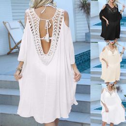 Women's Swimwear Summer Women Bikini Cover Up Cold Shoulder Backless Hollow Swimsuit Cover-Ups For Bathing Suit Beachwear Tunic Beach Dress