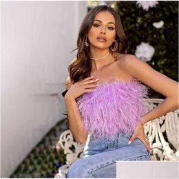 Women'S T-Shirt Womens T-Shirt 2023 Fashion Women Y Furry Crop Tops Camis Casual Tank Vest Sleeveless With Real Ostrich Feather Bro Dr Dhrpy