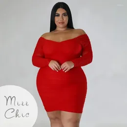 Plus Size Dresses Sexy Off Shoulder Mini Dress Fashion V Neck Long Sleeve Mesh Splicing High Waist Skinny Ruched Night Club Outfits