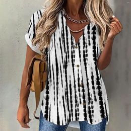 Women's Blouses Summer Short Sleeve Wavy V Neck Printed Button Shirts Tops For Women Dressy Casual Ladies Tee Blusas Holiday Work