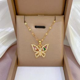 Pendant Necklaces Stainless Steel Chain Copper Light Luxury Full CZ Micro-set Zircon Heavy Work Colour Butterfly Necklace