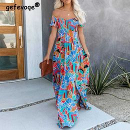 Women's Blouses Shirts Women Ruffle Sexy Off Shoulder Slit Party Dresses Summer Fashion Floral Print Short Sleeve Elegant Holiday Beach Maxi Dress Robe YQ240120