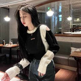 Women's Blouses Shirts Hotsweet Sweater Off Shoulder Cut Out Crop Top Elastics Loose Hollow Black White Patchwork Long Sleeve Knitting Autumn YQ240120