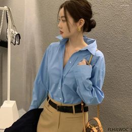 Women's Blouses FLHJLWOC Chic Korea Tops Blusas Women 2024 Design Single-Breasted Solid Colour White Blue Basic Shirts