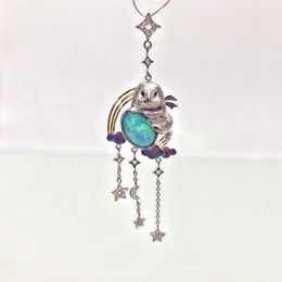 Customised High Quality Fine Jewellery Owl Solid White Gold Australian Opal Lab Grown Diamond Pendant For Necklace