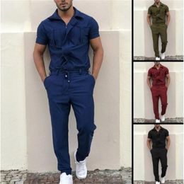 Men's Tracksuits Jumpsuit Patchwork Casual Fashion Trend Suit Short Sleeved Pocket Drawstring Zipper Work X0615