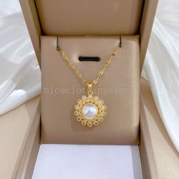 Stainless Steel Crystal Stone Sunflower Pendant White Zircon Necklaces For Women Gold Colour Simulated Pear Cz Wedding Choker