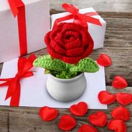 Decorative Flowers DIY Handwoven Simulation Pot Knitting Rose Flower Potted Plants Thread Crochet Knitted Finished Bonsai Ornament