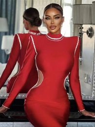 Party Dresses White Border Cut-Out Women Prom Dress Round Neck High Waist Gown Unique Red Long Sleeve With Zipper Evening In Stock