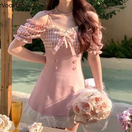 Women's Blouses Shirts Pink Lolita Style Mini Dress Women Sweet Plaid Bow Off Shoulder Puff Sleeve Princess Japanese Female Casual Party Dresses YQ240120