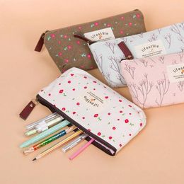 Cute Kawaii Floral Flower Canvas Zipper Pencil Cases Fabric Tree Pen Bags School Supplies