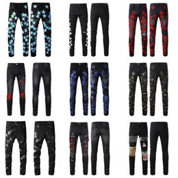 Black Ripped Designer Jeans Skinny Fit Distressed Torn For Man Rip Pants Damaged Patchwork Long Zipper Distress Destroyed Denim Youth Slim Straight Hole