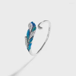 Cluster Rings HOYON Sterling Silver 925 Brilliant Blue Feather Open Women's Ring White Gold Green Gradient Zircon Accessories Jewely