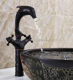 Kitchen Faucets Dolphin Style Basin Faucet Black Brass Bathroom Vessel Sink - One Hole / Double Handle Deck Mounted Knf315