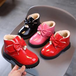 Boots Kids Snow Fashion Bow Patent Leather Plush Cotton Shoes Casual Waterproof Warm Ankle Winter Girls Size 26-36