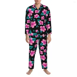 Men's Sleepwear Tropical Floral Autumn Hawaiian Flower Loose Oversized Pyjama Set Man Long Sleeves Cute Soft Home Custom Nightwear