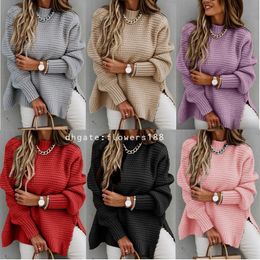 Kadın Sweaters 2024 Yarım Tavuk Yeltili Gevşek Katı Uzun Kollu Kalın İğne Yan Çatal Örgü Sweater Kadınlar