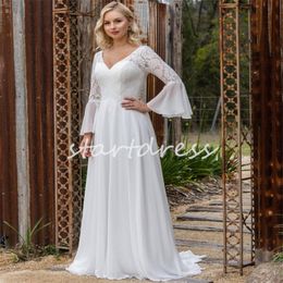 Simple Summer Beach Wedding Dresses 2024 Sexy V Neck Long Sleeve Bohemian Bride Dress Backless Country Fairy Bridal Gowns Floor Length Chiffon Robe De Mariee Civil