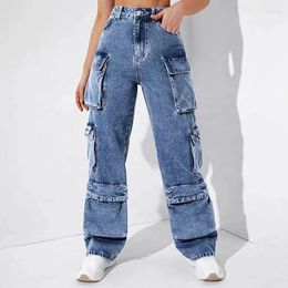 Women's Jeans Work Female T Shirt High Waist Flap Pocket Loose Fit Denim Pants Women Dress Casual Blue