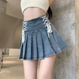 Skirts High Waist A-line Skirt Korean Y2K Denim Pleated Fashion Female Strap Cute Sexy Jeans Miniskirt Summer Goth