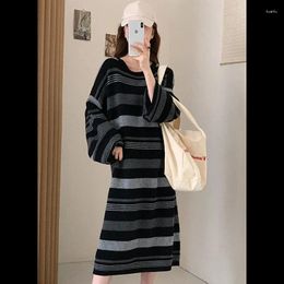 Casual Dresses Women Striped Contrast Colour Sweaters Sheep Wool Loose Autumn Winter Round Neck High Waist Long Knitting Sleeve Clothing