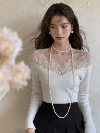 Women's Blouses Shirts ADAgirl White Off Shoulder Knit Sweater Women Lace Transparent Mesh Long Sleeve Crop Pullovers Fairycore Aesthetics Clothes Chic YQ240120