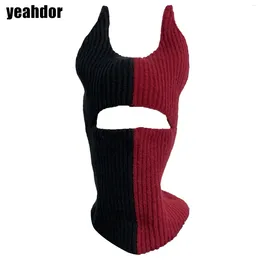 Berets Halloween Ox Horn Cap Funny Knitted Beanies Hat Hood Full Face Ski Mask Colour Contrast Winter Warm Balaclava For Men Women