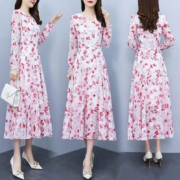 Casual Dresses Chiffon Long Sleeve Dress Spring 2024 Large Size Women's Retro Printed Floral V-Neck Medium Length A-Line Z043