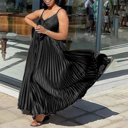 Ethnic Clothing Summer African Dresses For Women Pleated Sleeveless Swing Maxi Strap Dress Holiday Beach Sundress Party Gown Kaftan Plus