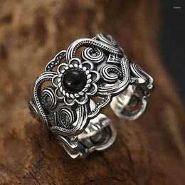 Cluster Rings Original Hollow Pattern Open Ring Designer Craft Black Agate Stone Elegant Charm Thai Silver Women's Jewellery