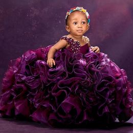 Grape Flower Girl Dresses Sheer Neck Pleated Ruffles Tiered Organza Pearls Beaded Princess Queen Ball Gowns Little Kids Birthday Party Gown for Wedding F028