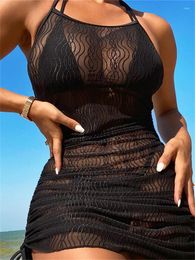 Women's Swimwear Summer Women Solid Black Lace Kimono Cardigan Sheer Mesh Cover Up Halter See Thourgh Sleeveless Dress Beachwear 2024