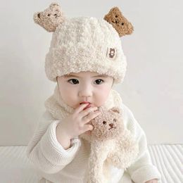 Berets 6M-5Y Toddler Infant Warm Hat Cute Bear Plush Hats Scarf Set Kids Baby Girls Boys Winter Outfits Soft Scarves