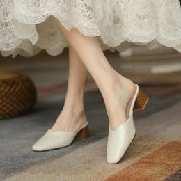 Slippers 2024 Summer Solid Colour High-heeled Shoes For Women With Square Head And Fashionable One-footed Half