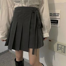 Skirts Y2K Pleated Mini Skirt Women Elegant Bandage Suit Streetwear Korean Preppy High Waist Lace Up All Match A Line