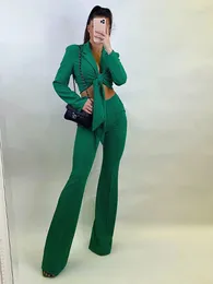 Women's Two Piece Pants Spring Sexy Lace Up Slim Blazer Women Set Shoulder Pad Cropped Top High Waist Flared Suit 2024 Elegant Office Lady