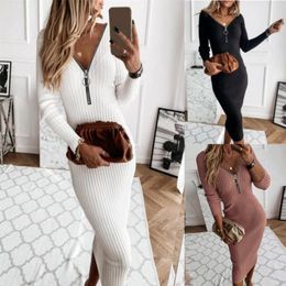 Casual Dresses Spring And Autumn Women's Sweater Dress Sexy Solid Colour Slim Knitted Long Sleeve Fashion V Neck Zipped Pit Stripe