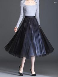 Skirts OHRYIYIE Fashionable Gradient Tulle Pleated Skirt For Women Spring Summer 2024 Elegant Mesh High Waist Long Lady