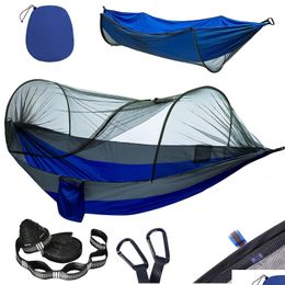 Hammocks Double Cam Hammock With Mosquito Netting Pop-Up Portable Tralight Nylon Parachute Tree Straps Drop Delivery Home Garden Furni Dhrnr