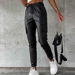 Women's Pants Women Leather Hiking Cargo Waterproof Black Loose Trousers Foot Retraction Opening Slim Stretchy PU Casual