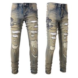 Man Destroy Wash Jeans Snake Patches Rip Skinny Fit Leg