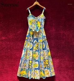 Casual Dresses Svoryxiu Women039s Summer Runway HighEnd Cotton Spaghetti Strap Long Dress Sexy V Collar Bow Lemon Print Vestdi2525963